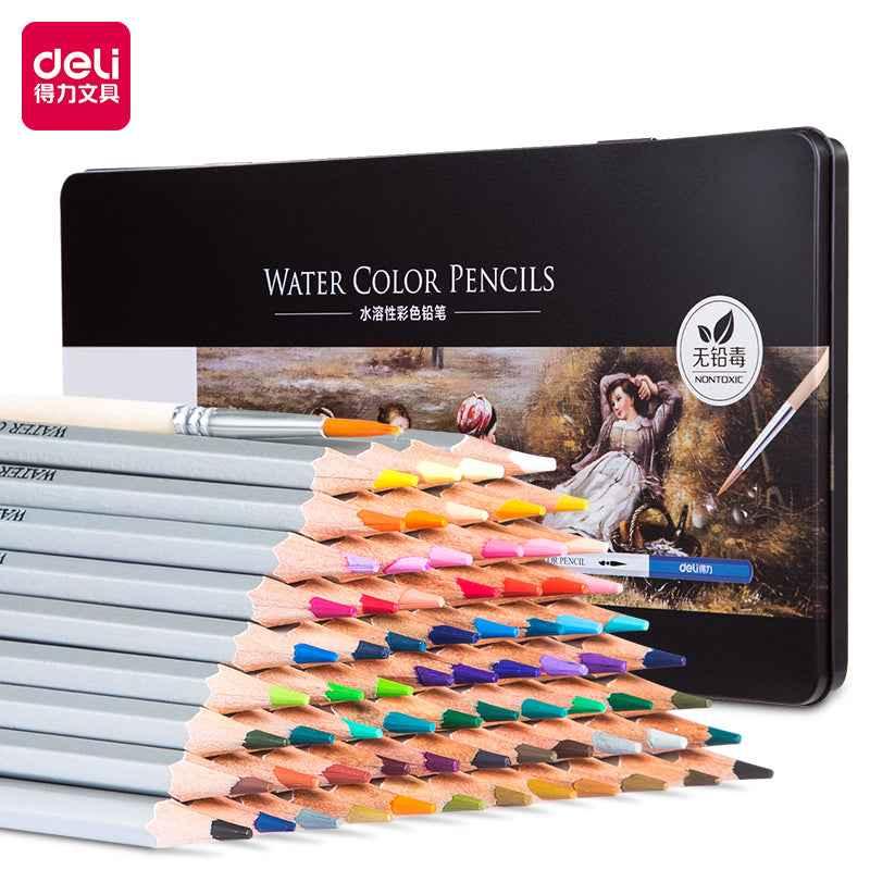 DELI Watercolor Pencils,24/36/48/72 Colors Tin Box with Paint Brush 72 Color