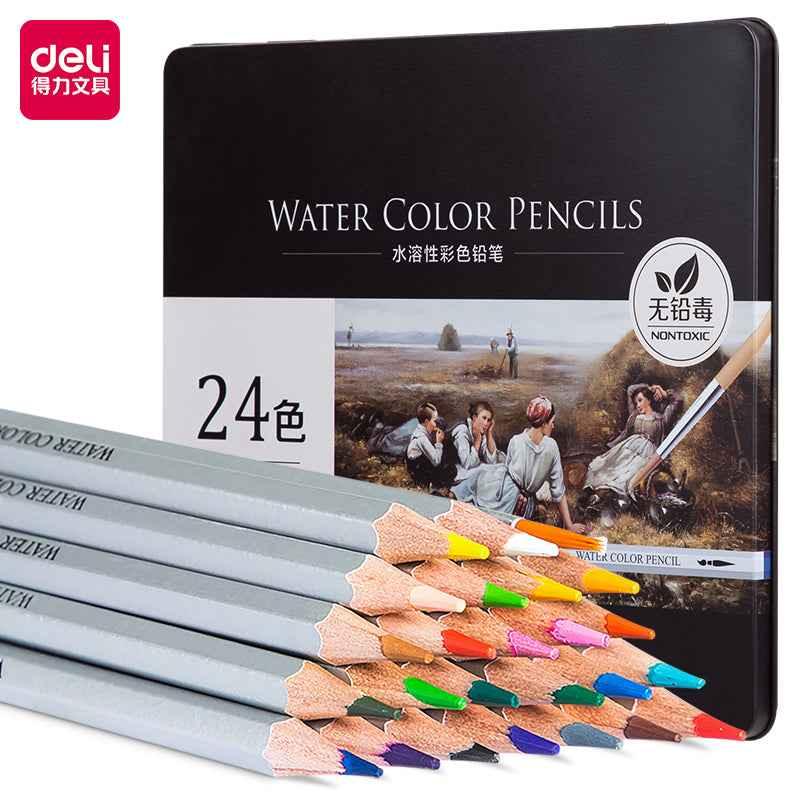 DELI Watercolor Pencils,24/36/48/72 Colors Tin Box with Paint Brush 24 Color