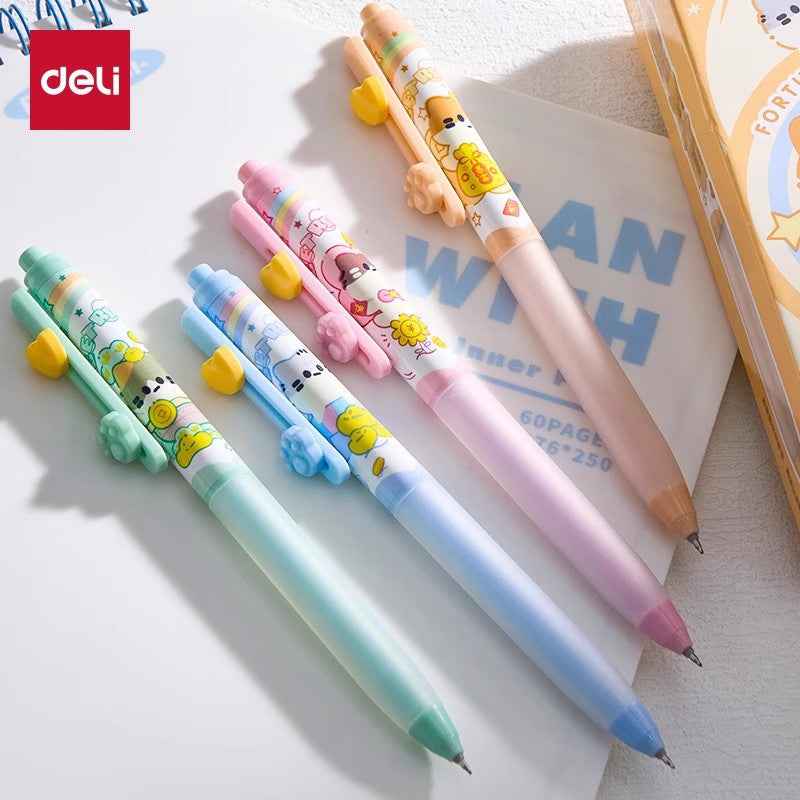 DELI Cat Silent Click Gel Pen – 0.5mm Black Ink – 12-Pack
