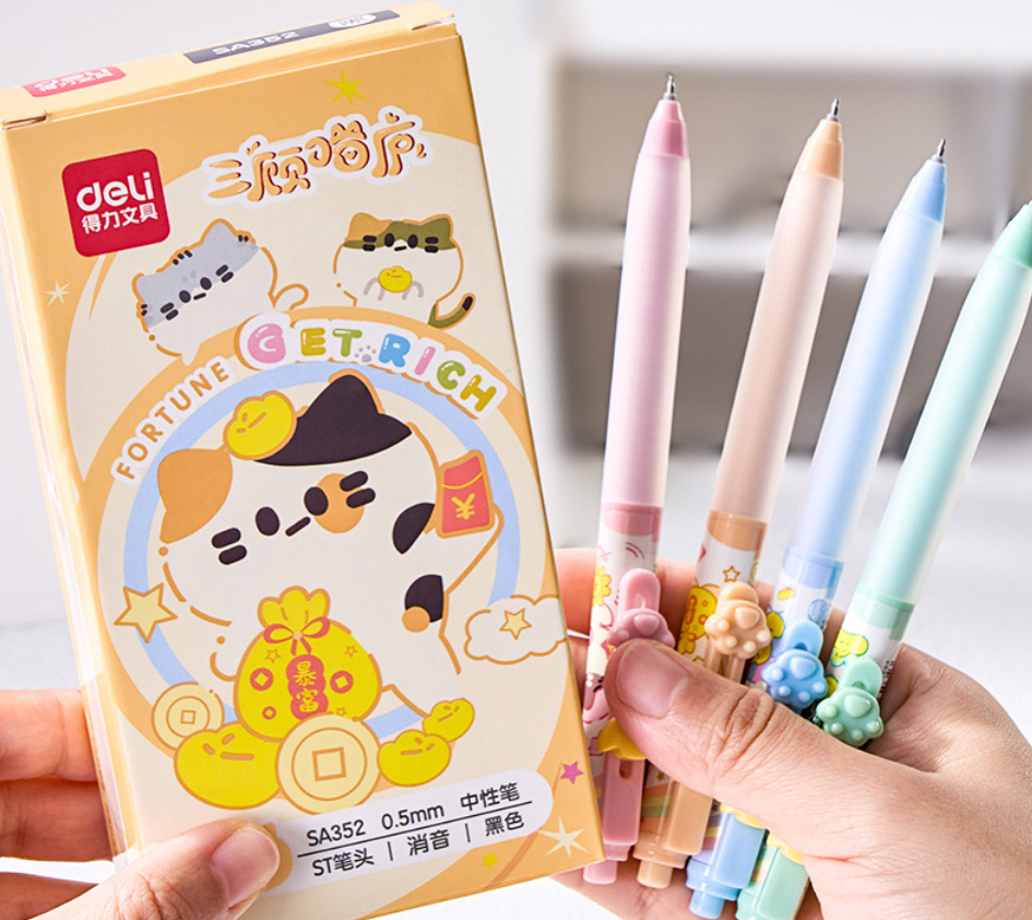 DELI Cat Silent Click Gel Pen – 0.5mm Black Ink – 12-Pack