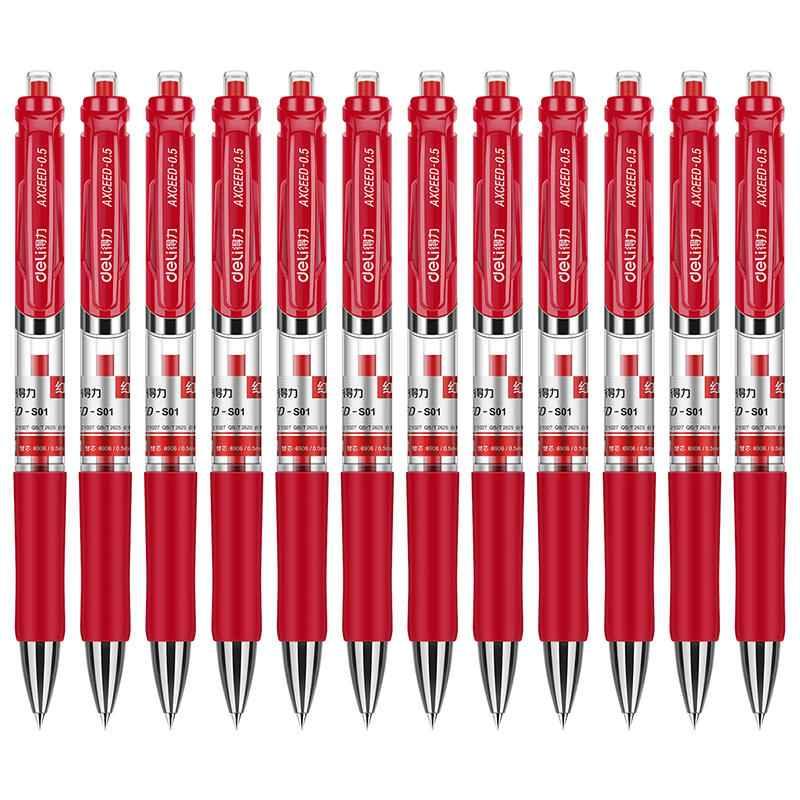 DELI S01 Retractable Quick Dry Gel Pens Fine Point 0.5mm Bulk 12 Count Red