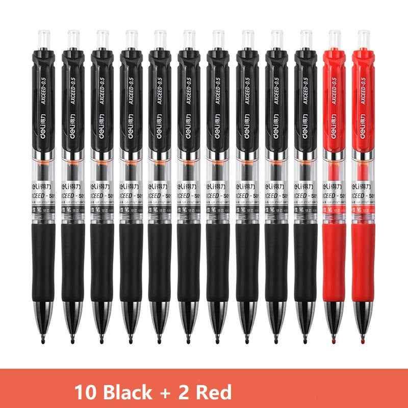 DELI S01 Retractable Quick Dry Gel Pens Fine Point 0.5mm Bulk 12 Count Black + Red