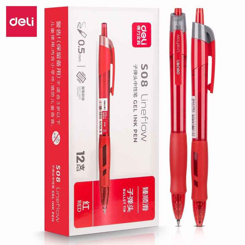 DELI S08 Gel Ink Pens,Extra Fine Point 0.5 mm,Pack of 12,Black Red Blue Red