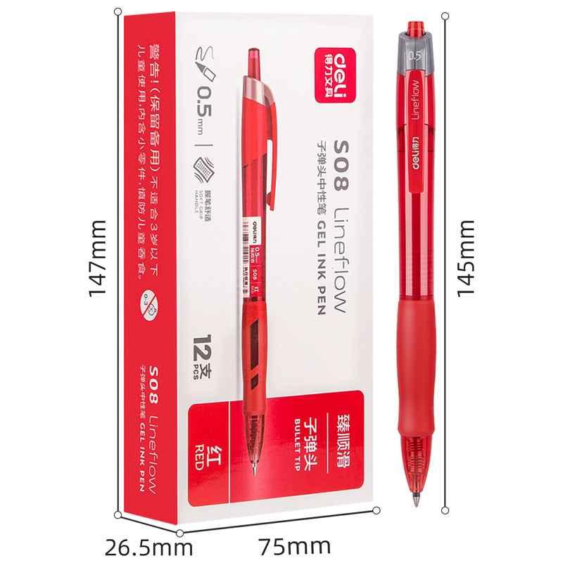 DELI S08 Gel Ink Pens,Extra Fine Point 0.5 mm,Pack of 12,Black Red Blue