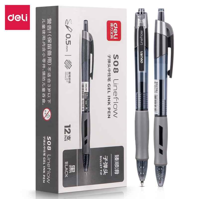 DELI S08 Gel Ink Pens,Extra Fine Point 0.5 mm,Pack of 12,Black Red Blue Black