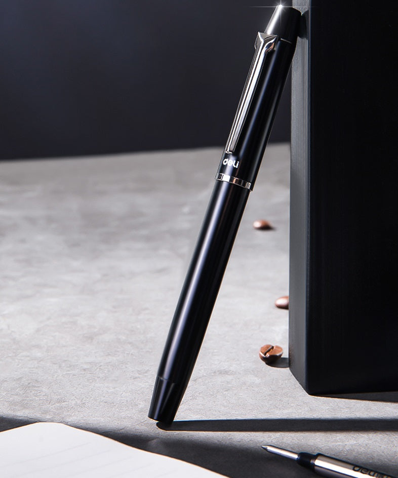 DELI S153 Rollerball Pen - 0.5mm Black Ink with Black/White Metal