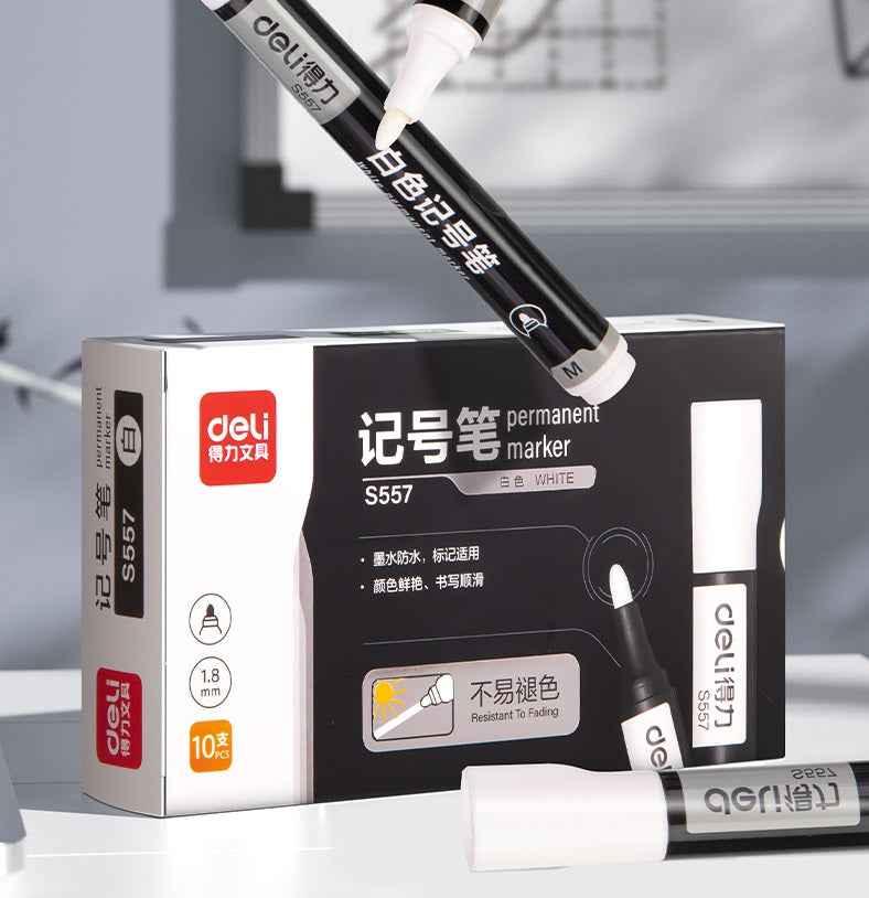 DELI White Permanet Paint Marker Pens Oil Based 1.8mm Medium Tip 10 Count