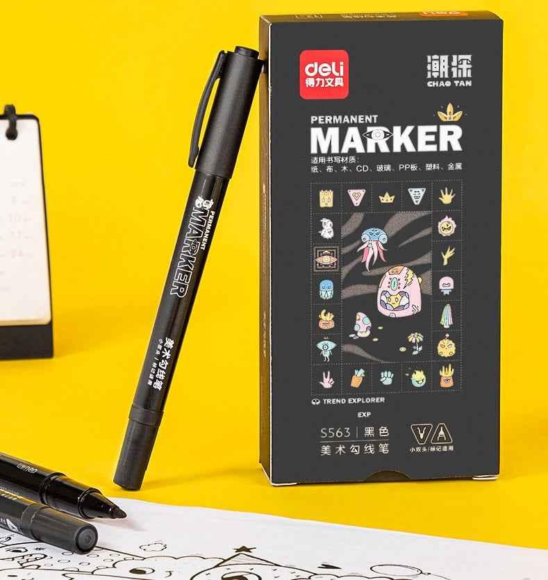 DELI Fine/Ultra Fine Twin Tip Permanent Marker Pen,Black (Pack of 12)