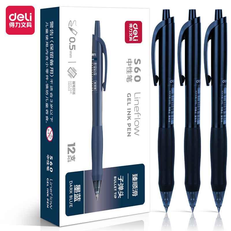 DELI S60 Retractable Lineflow Gel Pen 0.5mm Fine Point,12 Count Dark Blue