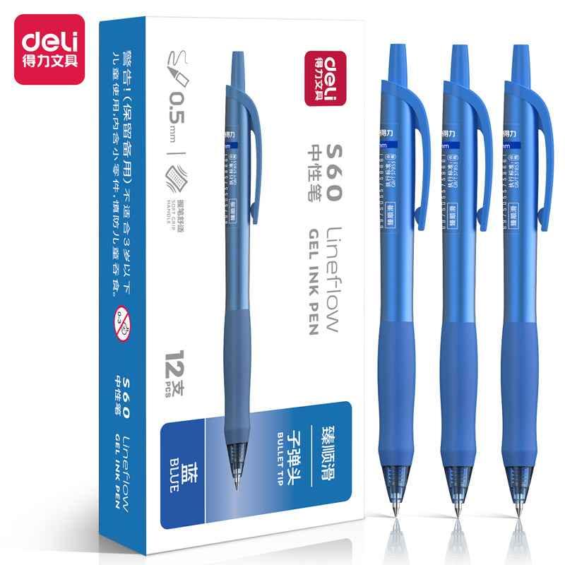 DELI S60 Retractable Lineflow Gel Pen 0.5mm Fine Point,12 Count Blue