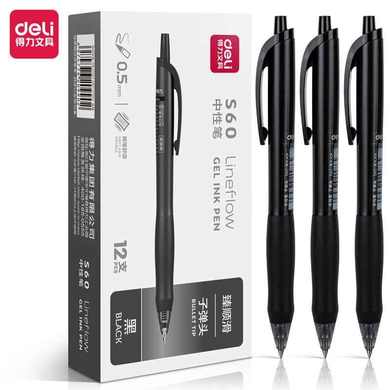 DELI S60 Retractable Lineflow Gel Pen 0.5mm Fine Point,12 Count Black