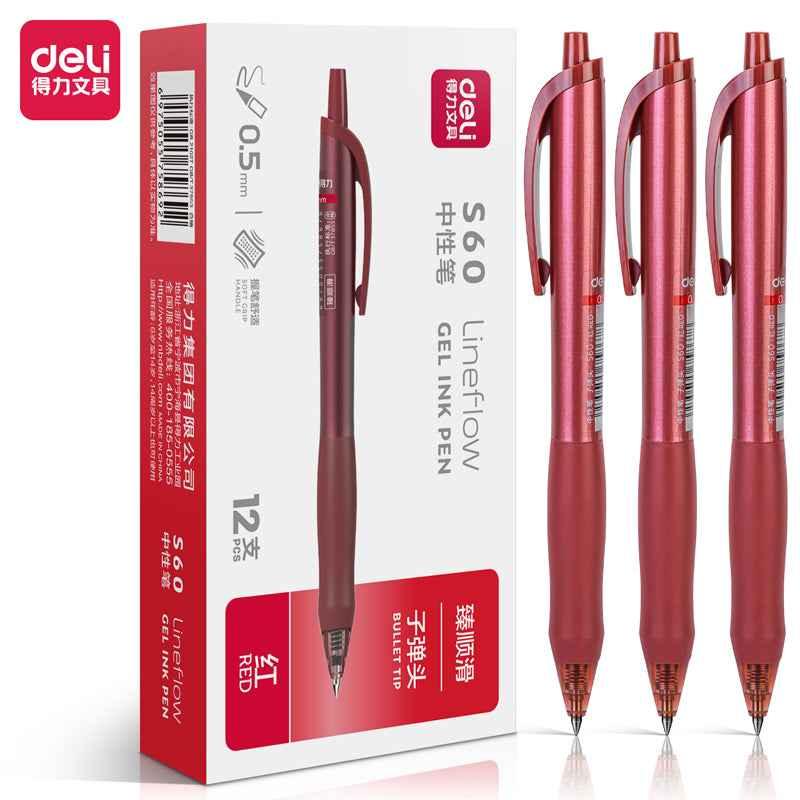 DELI S60 Retractable Lineflow Gel Pen 0.5mm Fine Point,12 Count Red