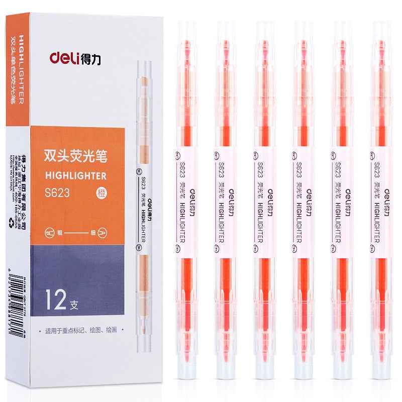 DELI Dual Tip Highlighters Fluorescent Yellow Orange Pink Green Blue Purple,12 Count Orange
