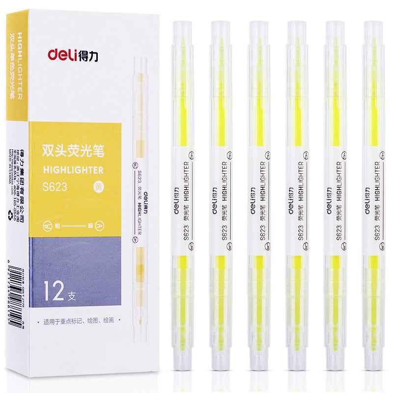 DELI Dual Tip Highlighters Fluorescent Yellow Orange Pink Green Blue Purple,12 Count Yellow