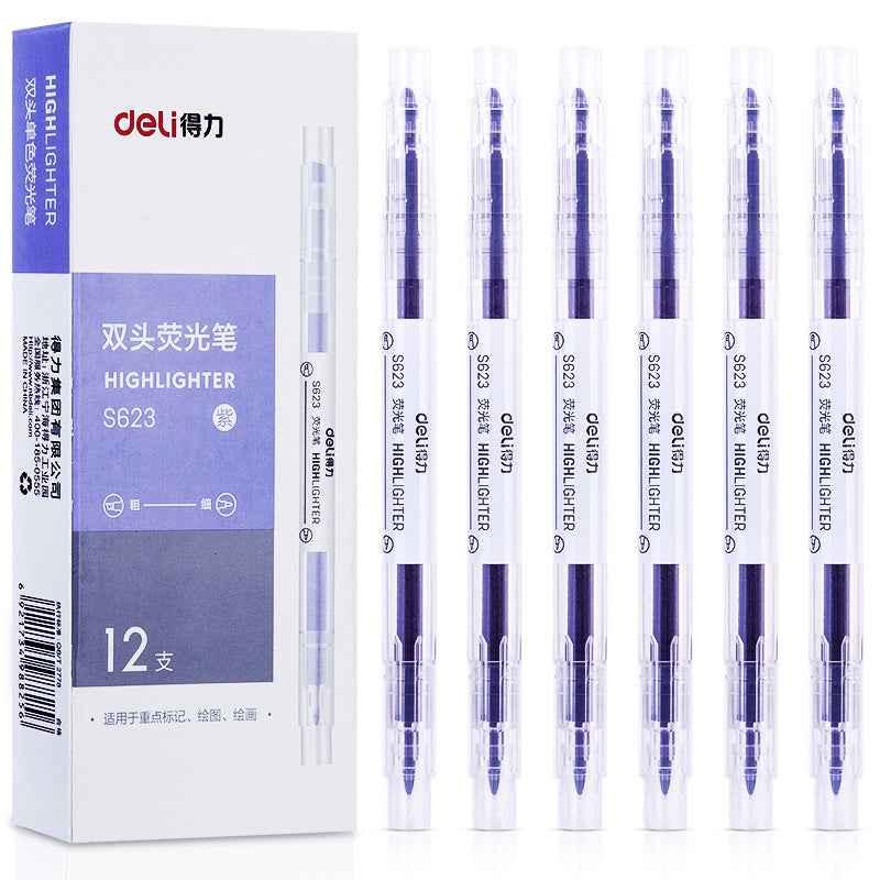 DELI Dual Tip Highlighters Fluorescent Yellow Orange Pink Green Blue Purple,12 Count Purple