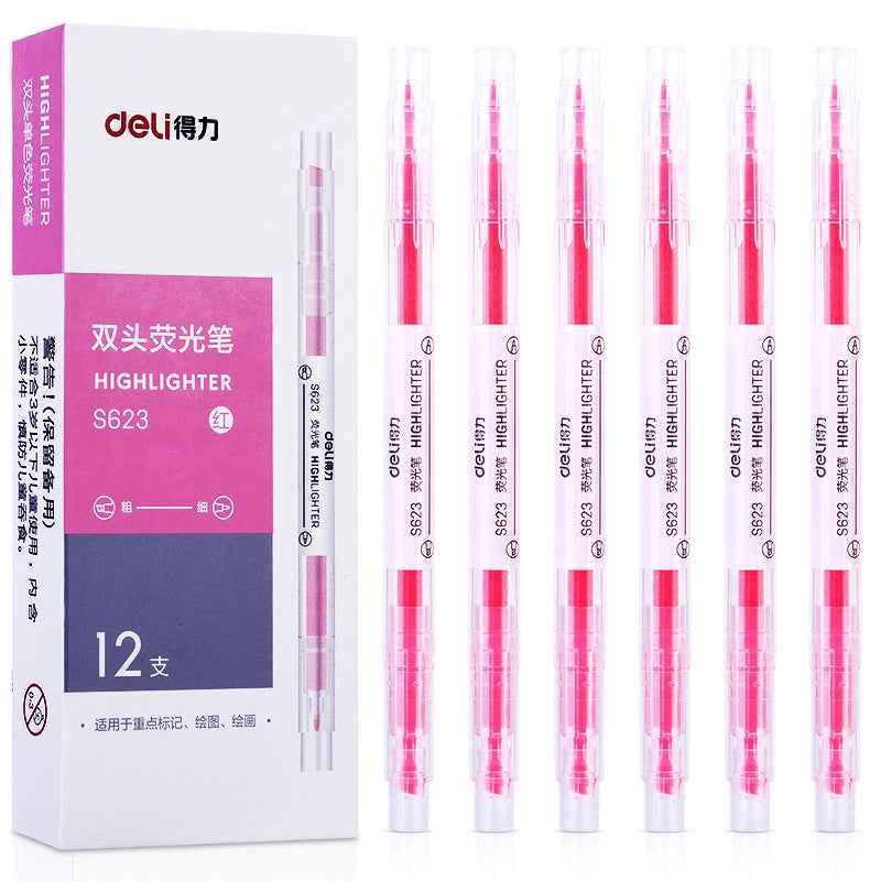DELI Dual Tip Highlighters Fluorescent Yellow Orange Pink Green Blue Purple,12 Count Pink