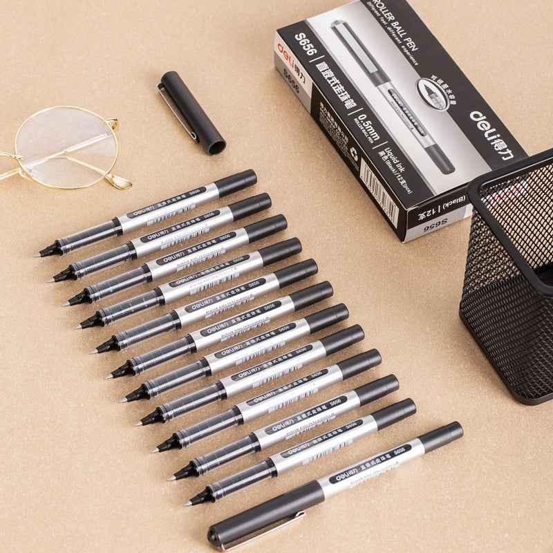 DELI S656 Rollerball Pens 12 Pack Black Red Blue Liquid Ink 0.5mm Fine Point Black