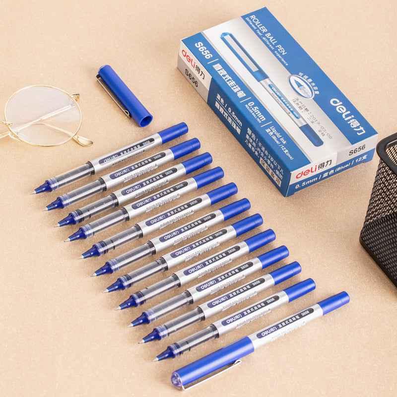DELI S656 Rollerball Pens 12 Pack Black Red Blue Liquid Ink 0.5mm Fine Point Blue