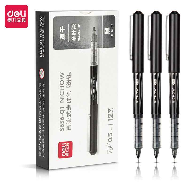 DELI NICHOW Liquid Black Ink Rollerball Pens 0.5mm Needle Tip 12 Pack
