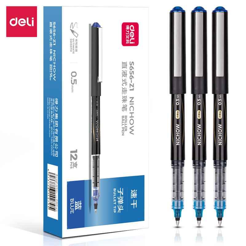 DELI Black Blue Red Liquid Ink Rollerball Pens 0.5mm Needle Tip 12 Pack Blue