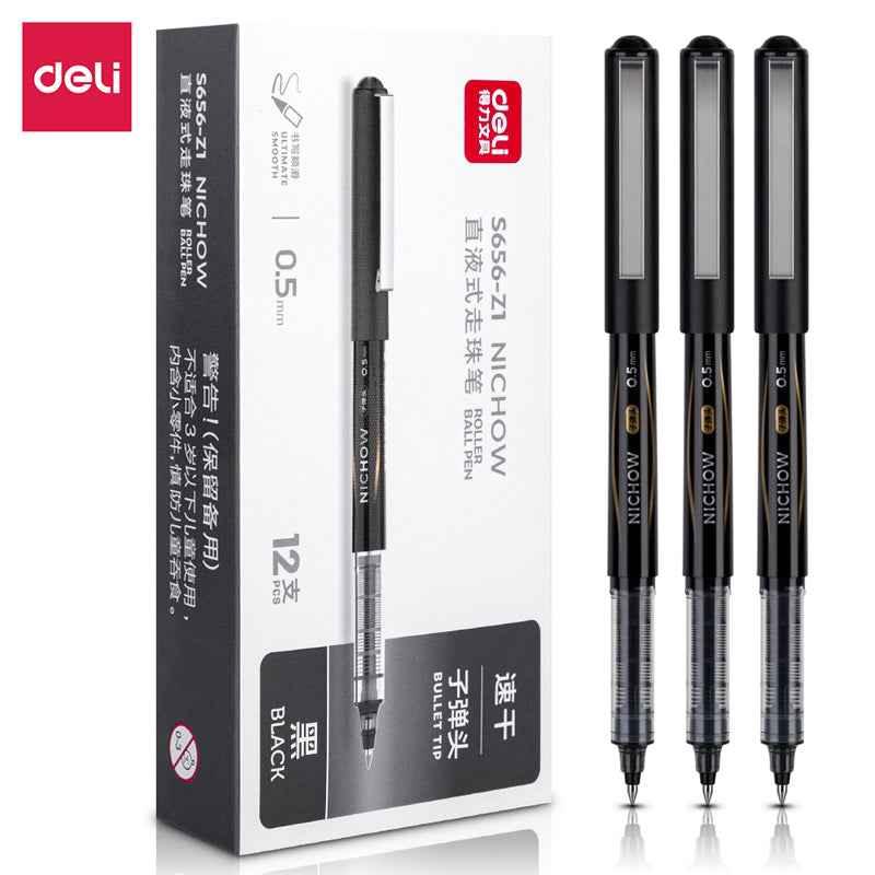 DELI Black Blue Red Liquid Ink Rollerball Pens 0.5mm Needle Tip 12 Pack Black