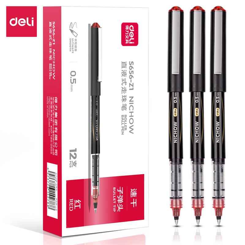 DELI Black Blue Red Liquid Ink Rollerball Pens 0.5mm Needle Tip 12 Pack Red
