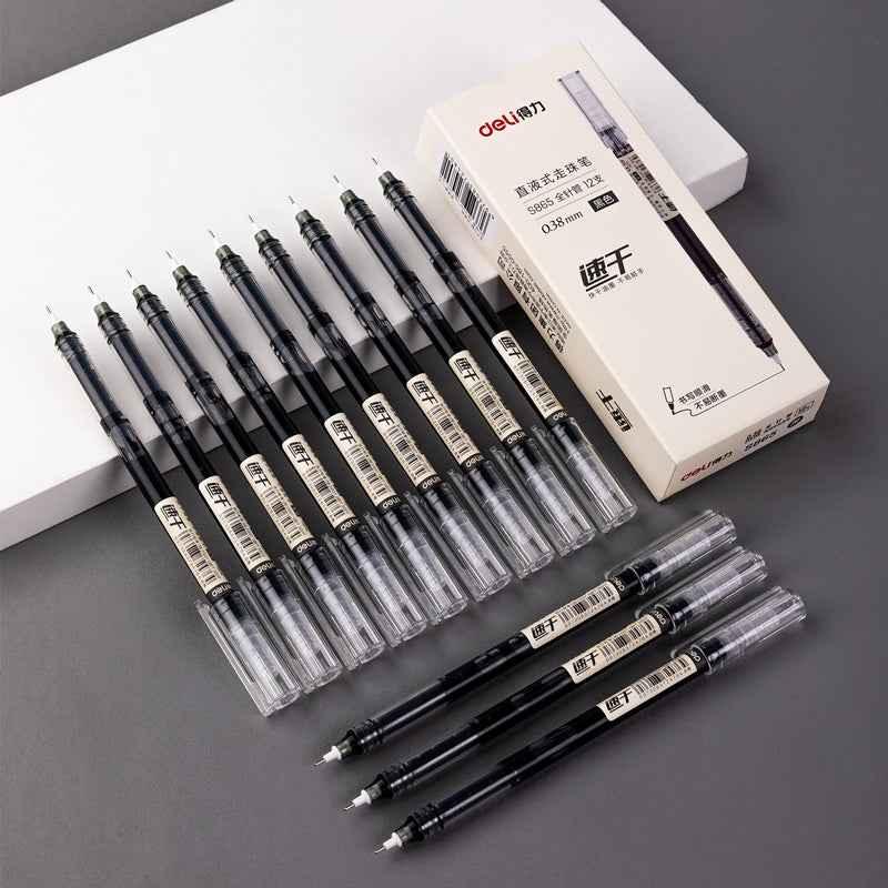 DELI Liquid Ink Rollerball Pens Duick-Drying Extra Fine Point 0.38mm 12 Pack Black