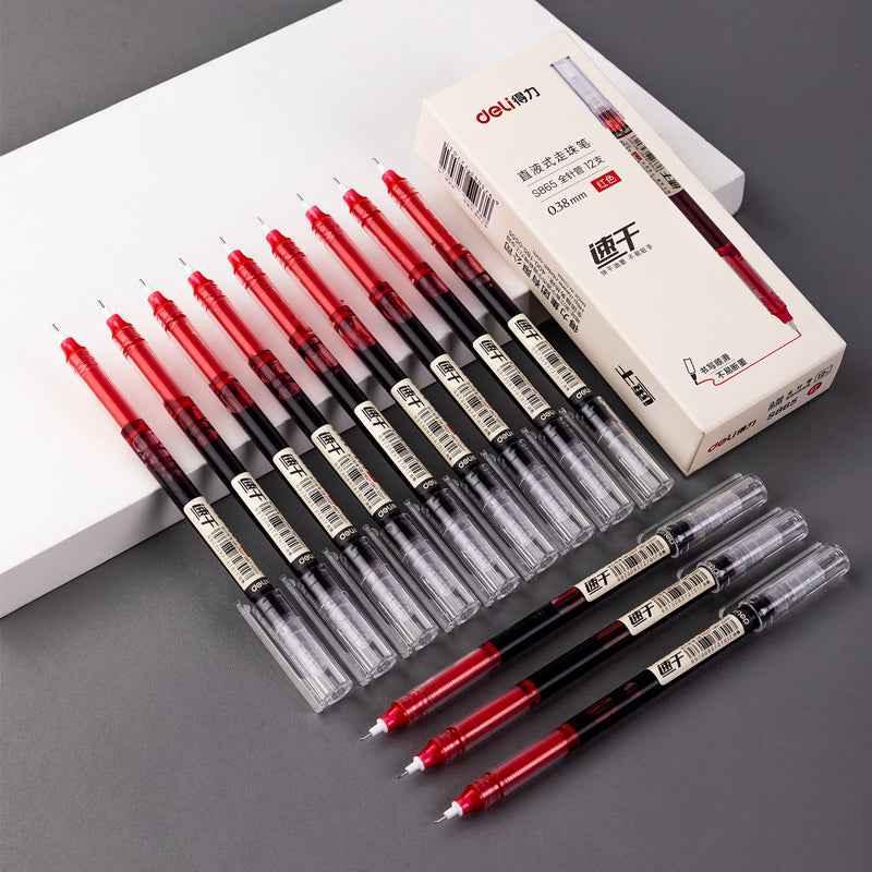 DELI Liquid Ink Rollerball Pens Duick-Drying Extra Fine Point 0.38mm 12 Pack Red