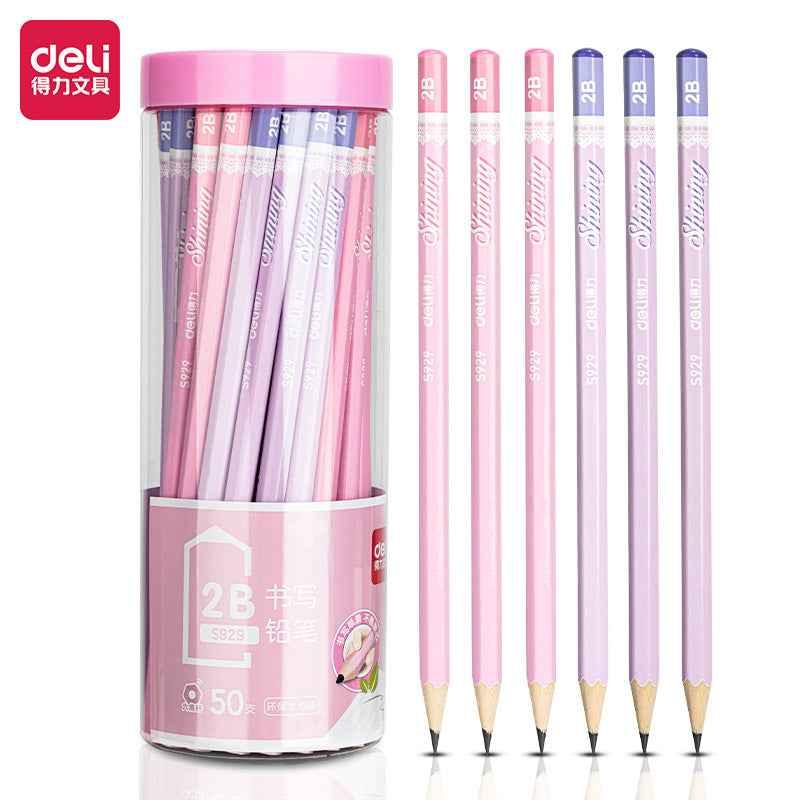 DELI 2B Pencil 50 Pack Blue Pink Wooden Drawing Pencils for School Office Pink