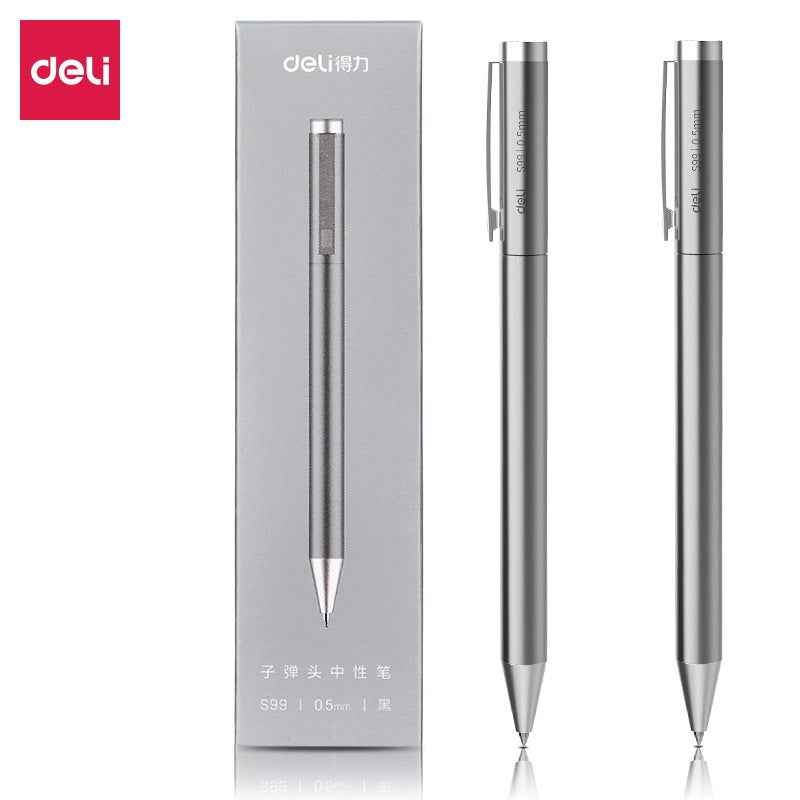 DELI S99 All Metal Ballpoint Pen – 0.5mm Black Ink Gel Pen 2 Pack 2 Silver