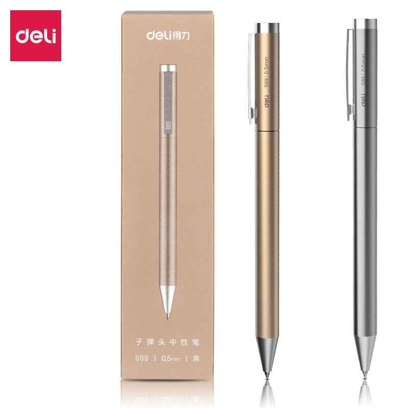 DELI S99 All Metal Ballpoint Pen – 0.5mm Black Ink Gel Pen 2 Pack Silver+Gold