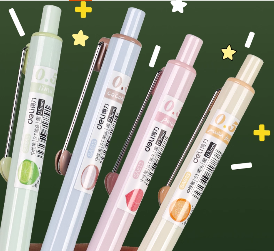 DELI SA613 Fruit-Scented Click Gel Pens - 0.5mm Black Ink, 12-Pack