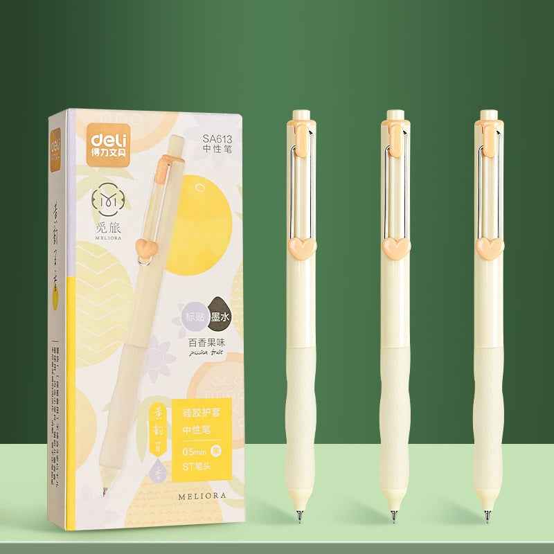 DELI SA613 Fruit-Scented Click Gel Pens - 0.5mm Black Ink, 12-Pack Passion Fruit