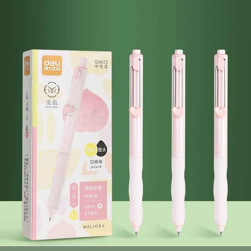 DELI SA613 Fruit-Scented Click Gel Pens - 0.5mm Black Ink, 12-Pack Peach