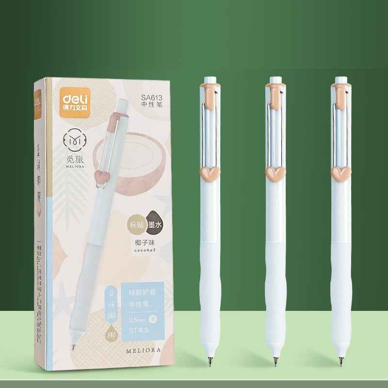 DELI SA613 Fruit-Scented Click Gel Pens - 0.5mm Black Ink, 12-Pack Coconut