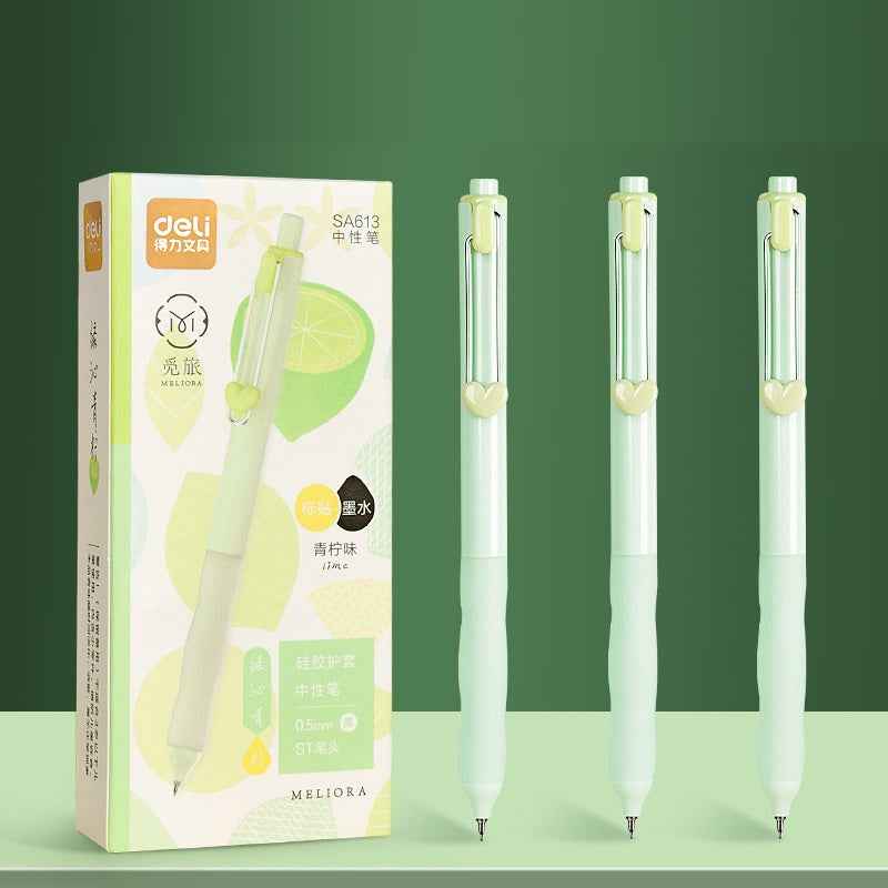 DELI SA613 Fruit-Scented Click Gel Pens - 0.5mm Black Ink, 12-Pack Lemon