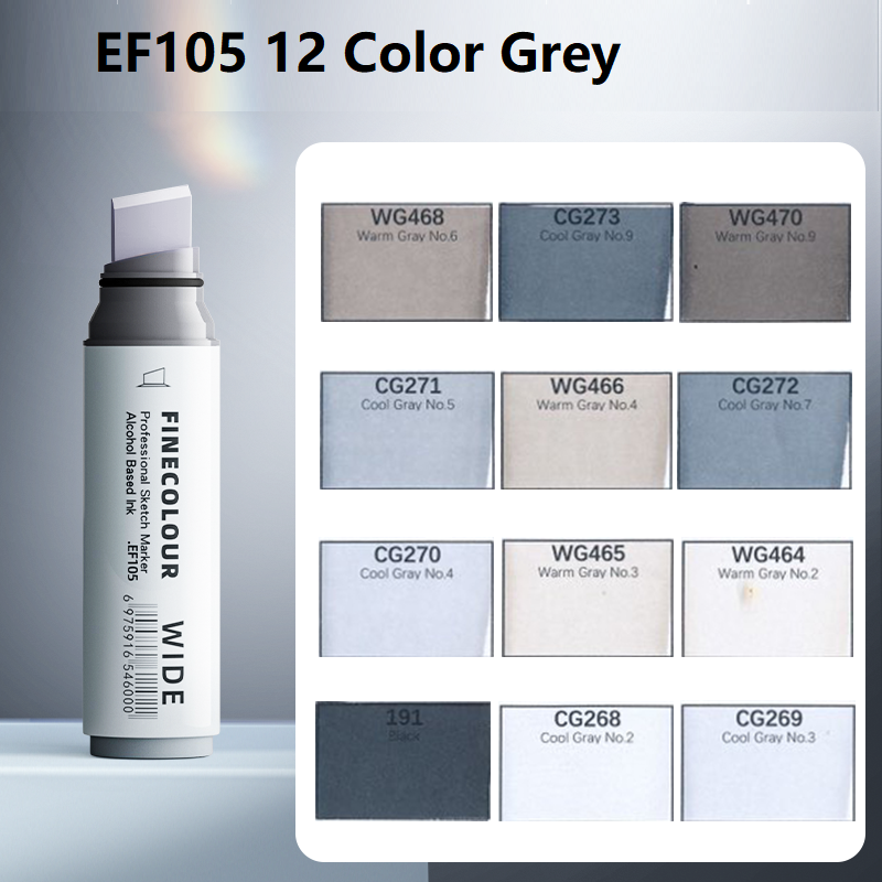 FINECOLOUR EF105 Wide-Tip Alcohol Sketch Marker Set 12 Color Dark Tone