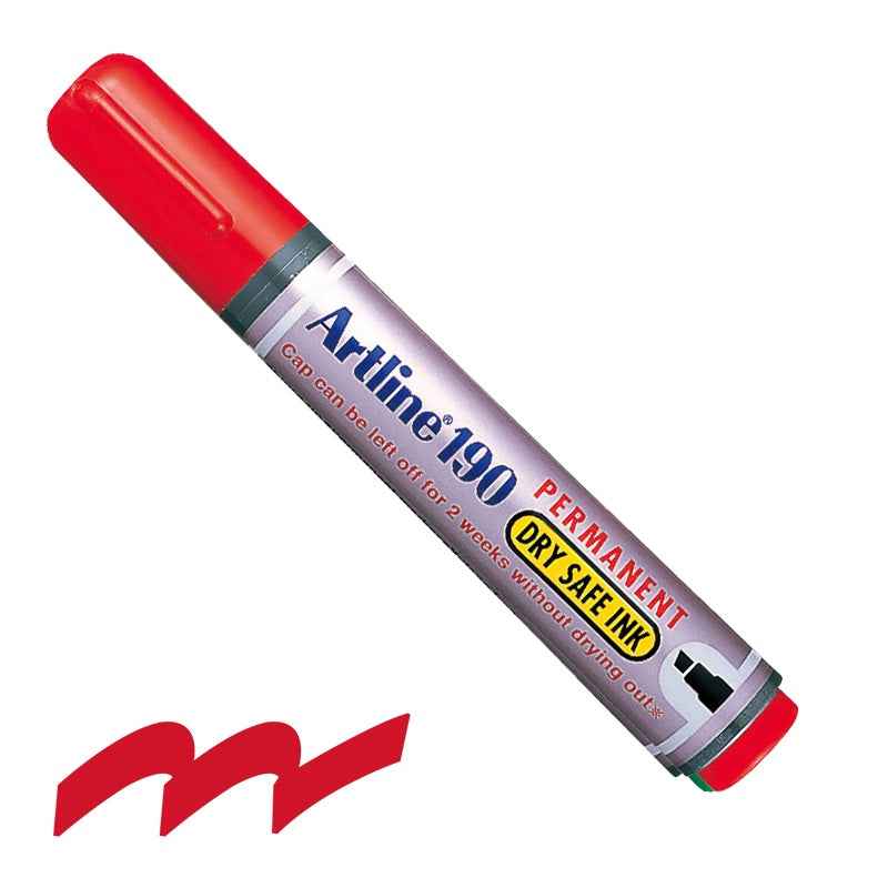 Artline 190 Dry-Safe Permanent Markers | 2.0-5.0mm Chisel Tip 4 Pack 4 Red