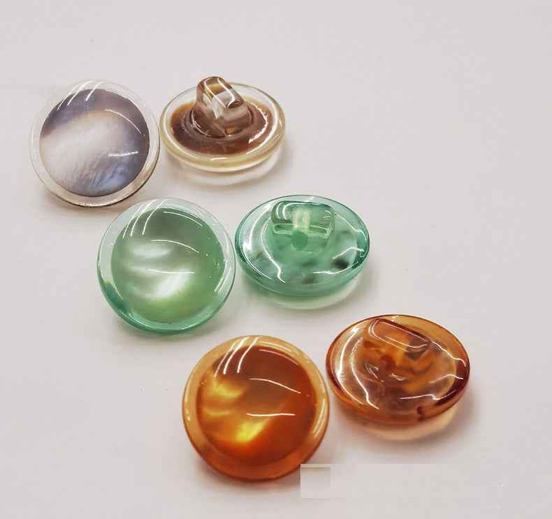 Domed resin shank buttons, 5-color mix: blue, green, amber, burgundy, clear