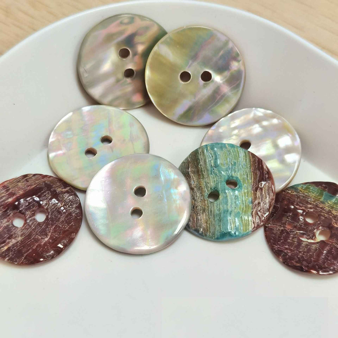 Abalone shell knitting buttons, 2-hole style, iridescent mother-of-pearl finish (set of 9 sizes)