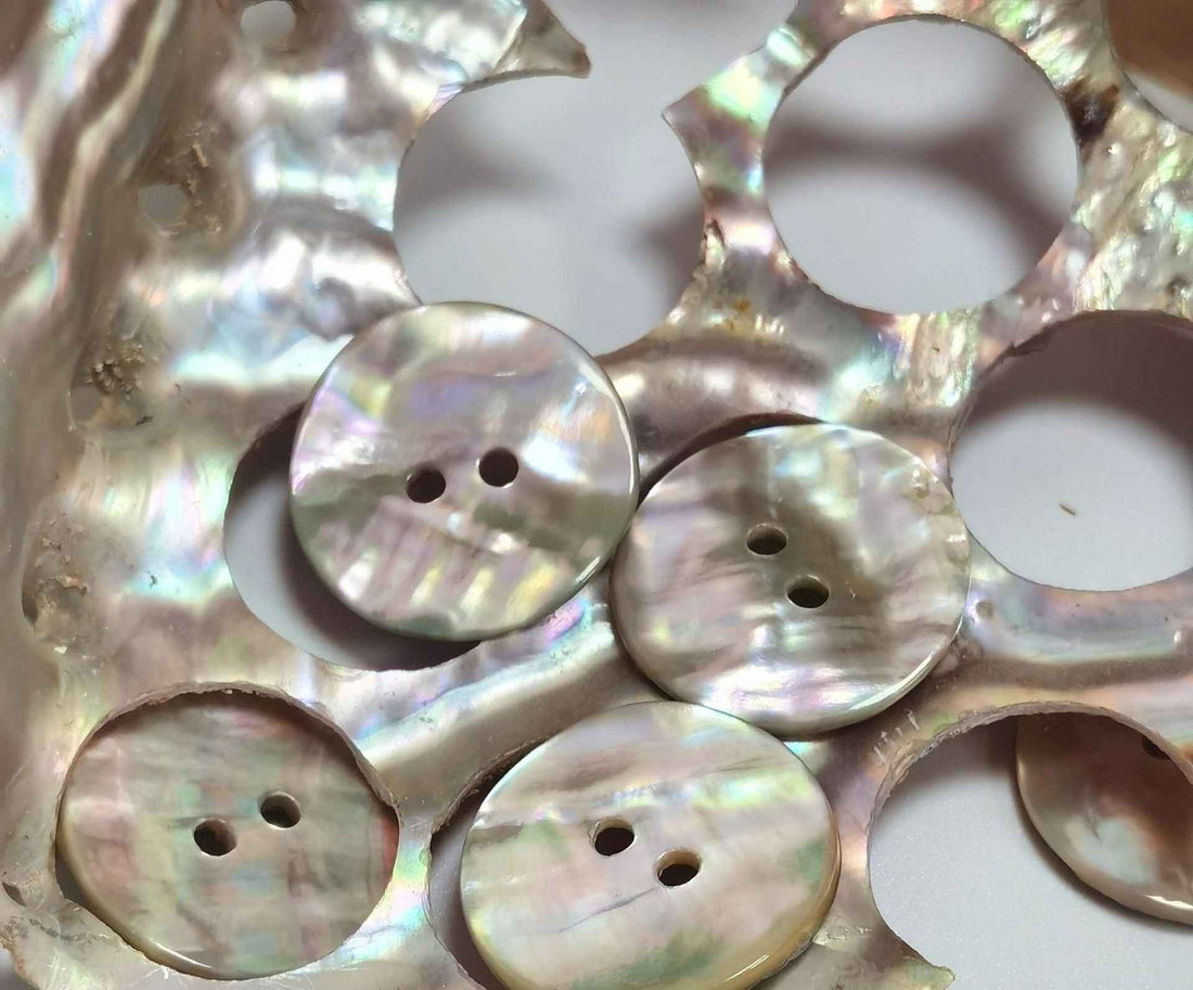 Abalone shell knitting buttons, 2-hole style, iridescent mother-of-pearl finish (set of 9 sizes)
