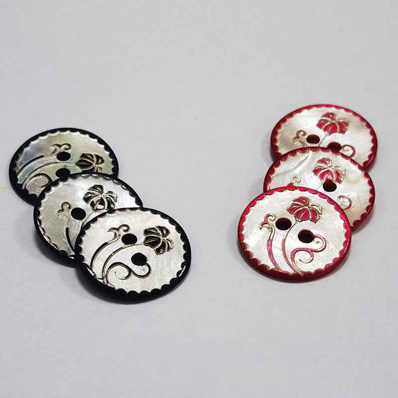 Round mother-of-pearl 2-hole shell buttons with red/black floral designs