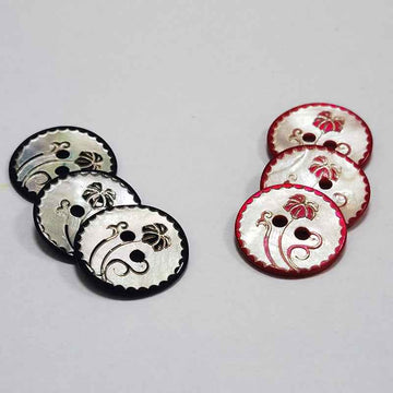 Round mother-of-pearl 2-hole shell buttons with red/black floral designs