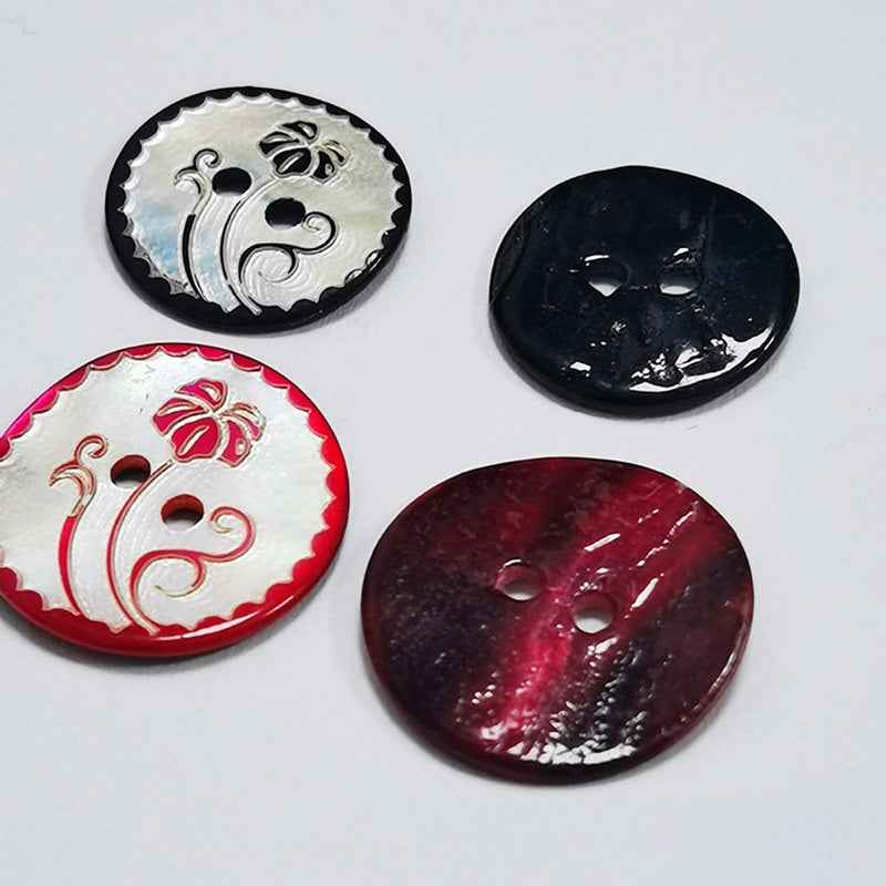 Assorted round 2-hole mother-of-pearl shell buttons: black, red, dark red