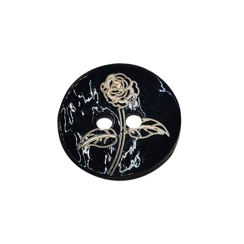 Black printed mother-of-pearl shell button with floral vine, two holes, 15mm