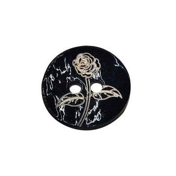 Black printed mother-of-pearl shell button with floral vine, two holes, 15mm