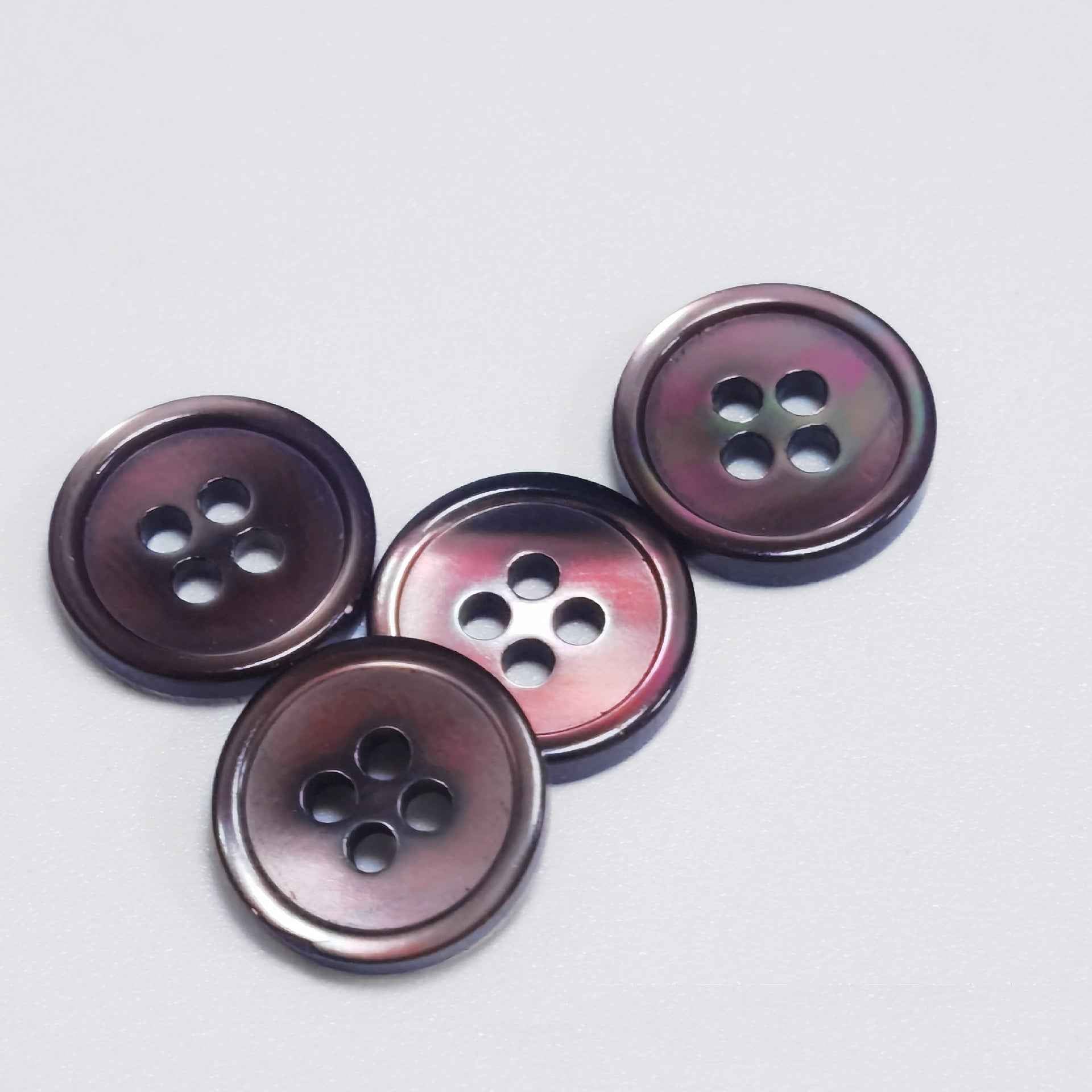 Iridescent purple and pink round 4-hole shell-look buttons, 10 mm