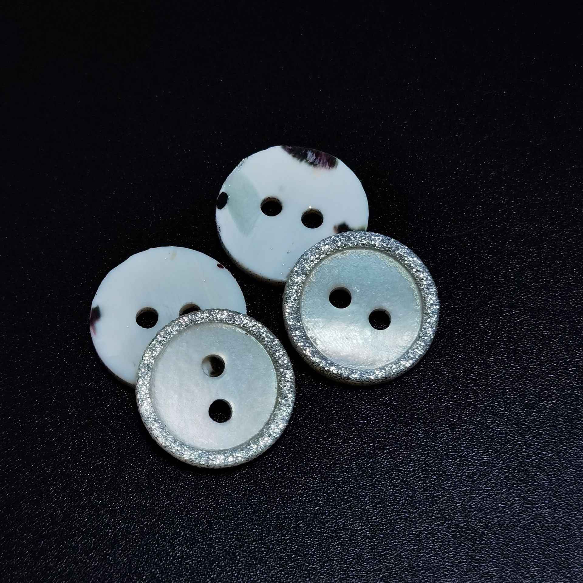 Round mother of pearl shell buttons with silver powder edge, two-hole design