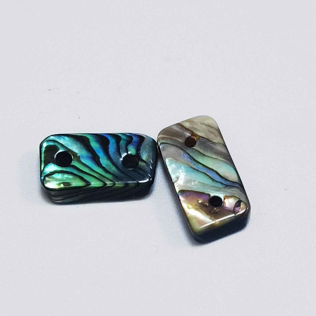 Blue abalone shell decorative button, rectangle with rounded edges and 2 holes