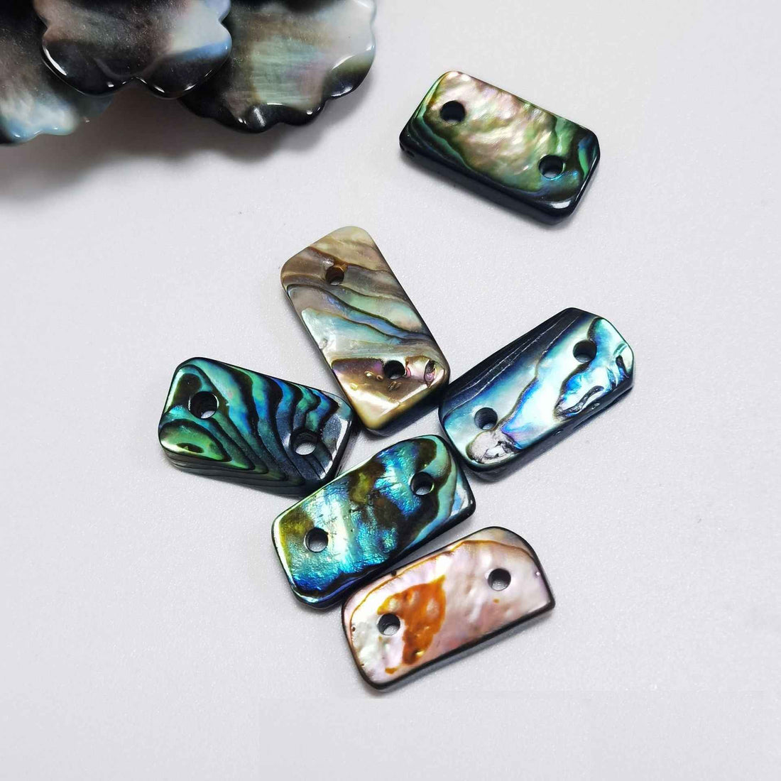 Blue abalone shell decorative button, rectangle with rounded edges and 2 holes